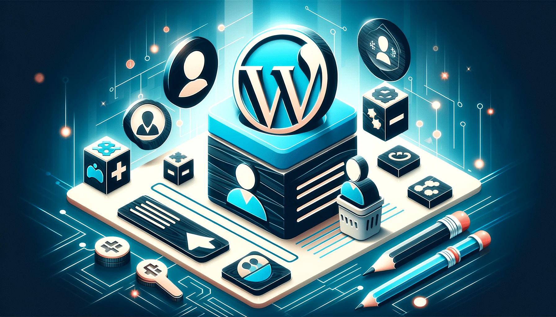 This is a digital illustration featuring WordPress logo and icons related to web development, such as plugins, themes, and social media, in a futuristic neon style.