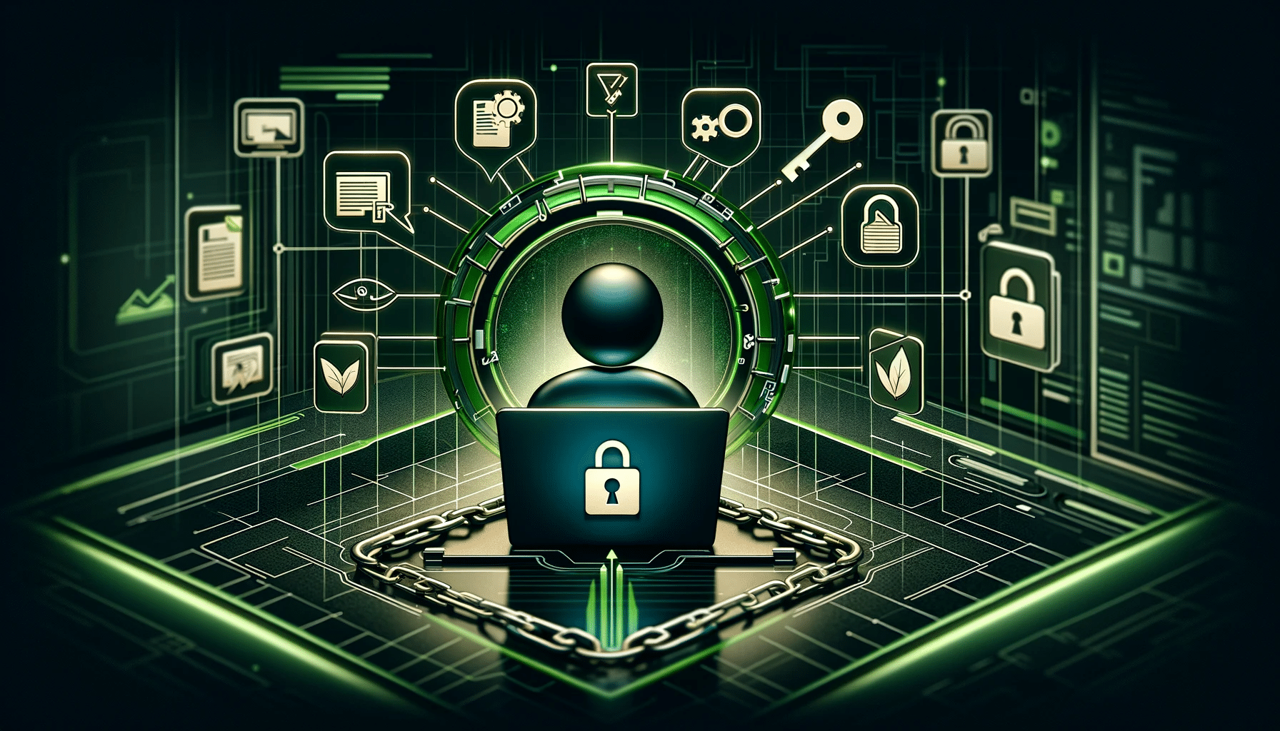 This image depicts a digital concept of cybersecurity, showing an icon of a person secured with a padlock and chain, surrounded by technology and security symbols.