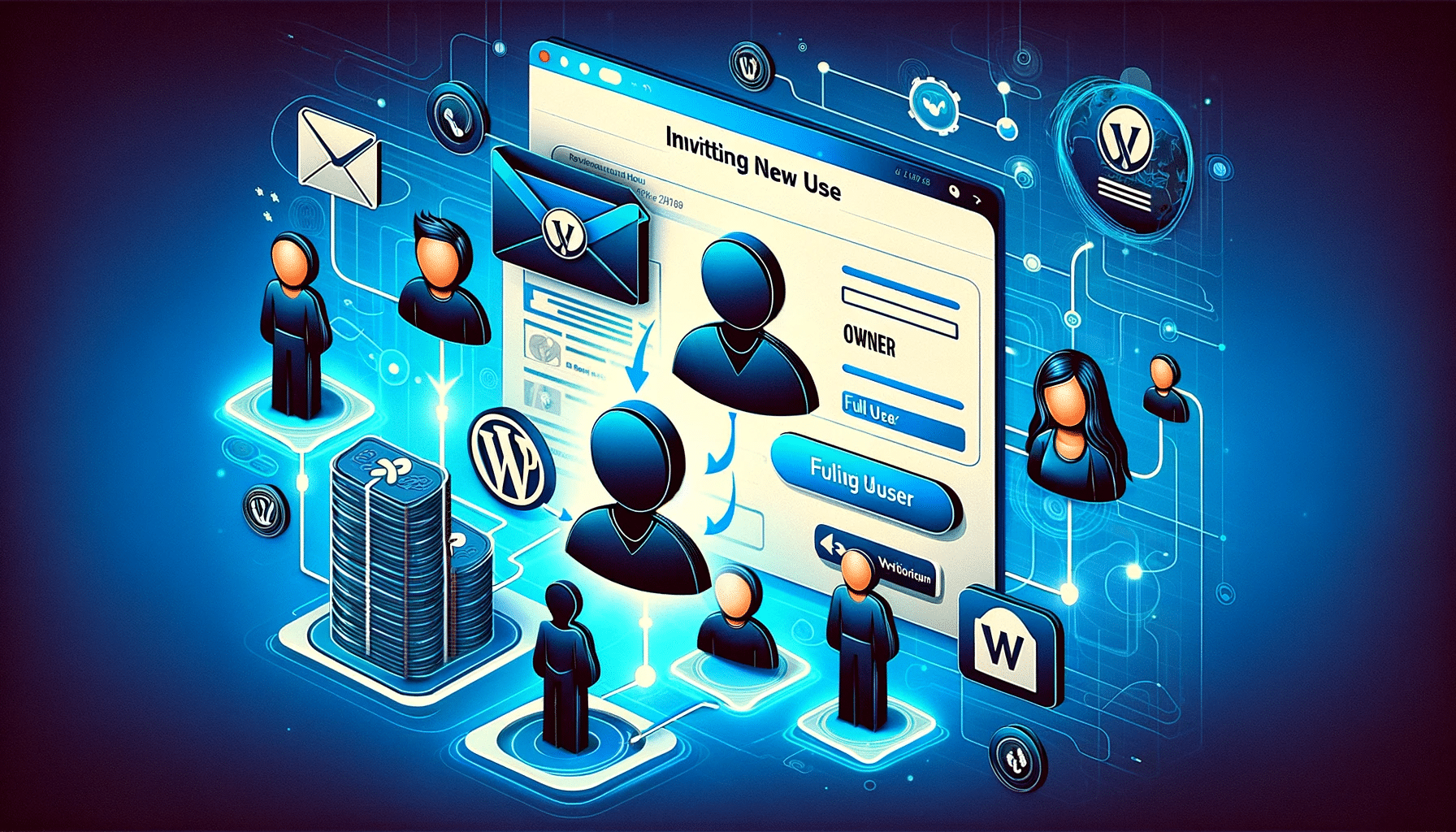 This is a digital illustration portraying a WordPress user management or blogging concept with stylized humanoid figures interacting with interface elements and icons.