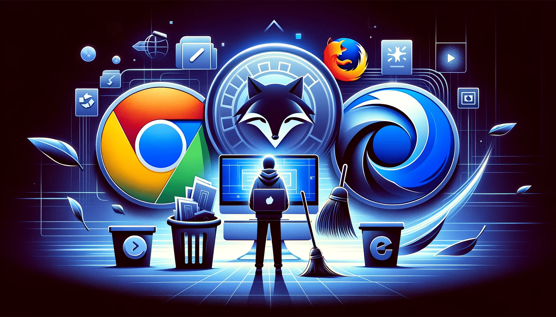 A person stands in front of a laptop, surrounded by oversized web browser icons, with symbolic cleaning tools implying maintenance or upgrade of software.