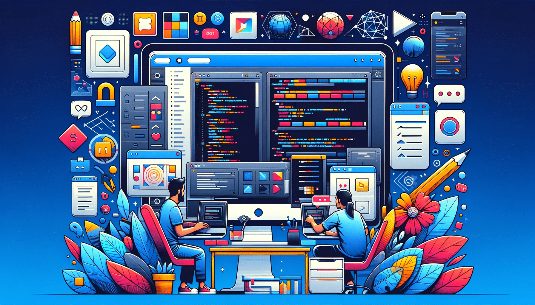 The image depicts two people engaged in programming, surrounded by vivid, stylized tech and design icons, creating a dynamic, colorful illustration of software development.