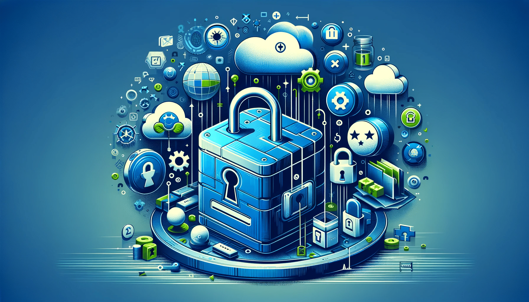 This is a stylized digital illustration featuring a central 3D padlock surrounded by various technology and security icons; it represents cybersecurity and data protection concepts.