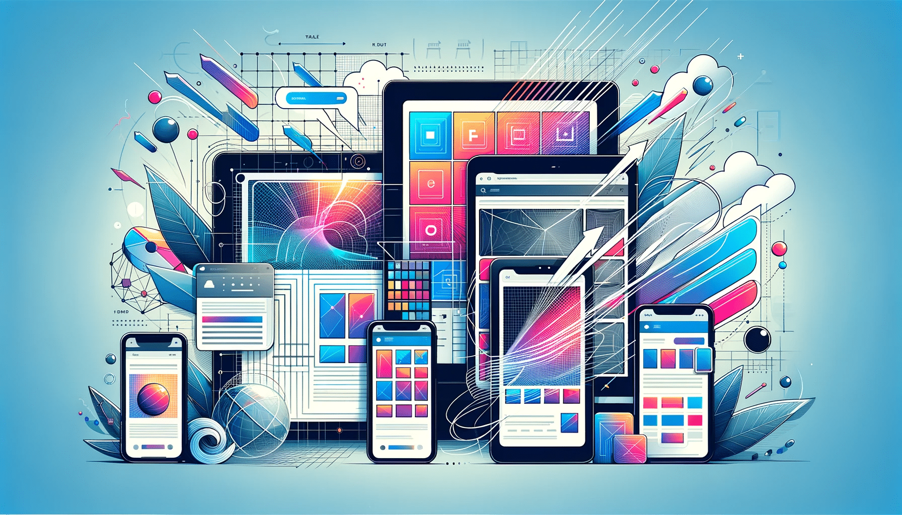 A vibrant digital illustration displaying a range of devices with screens, abstract icons, and dynamic lines symbolizing interconnected technology and modern communication.